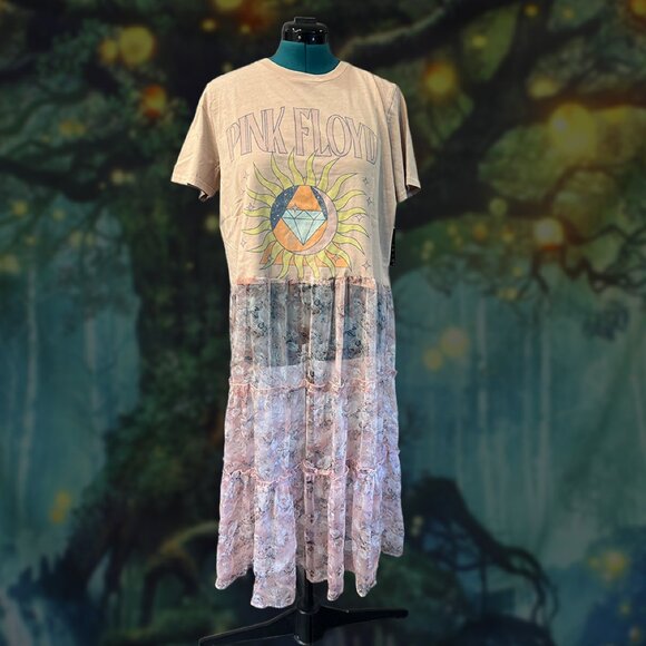 OOAK Pink Floyd Band Tee Maxi Dress | Spliced Chiffon Festival Boho | Size L - Picture 1 of 4